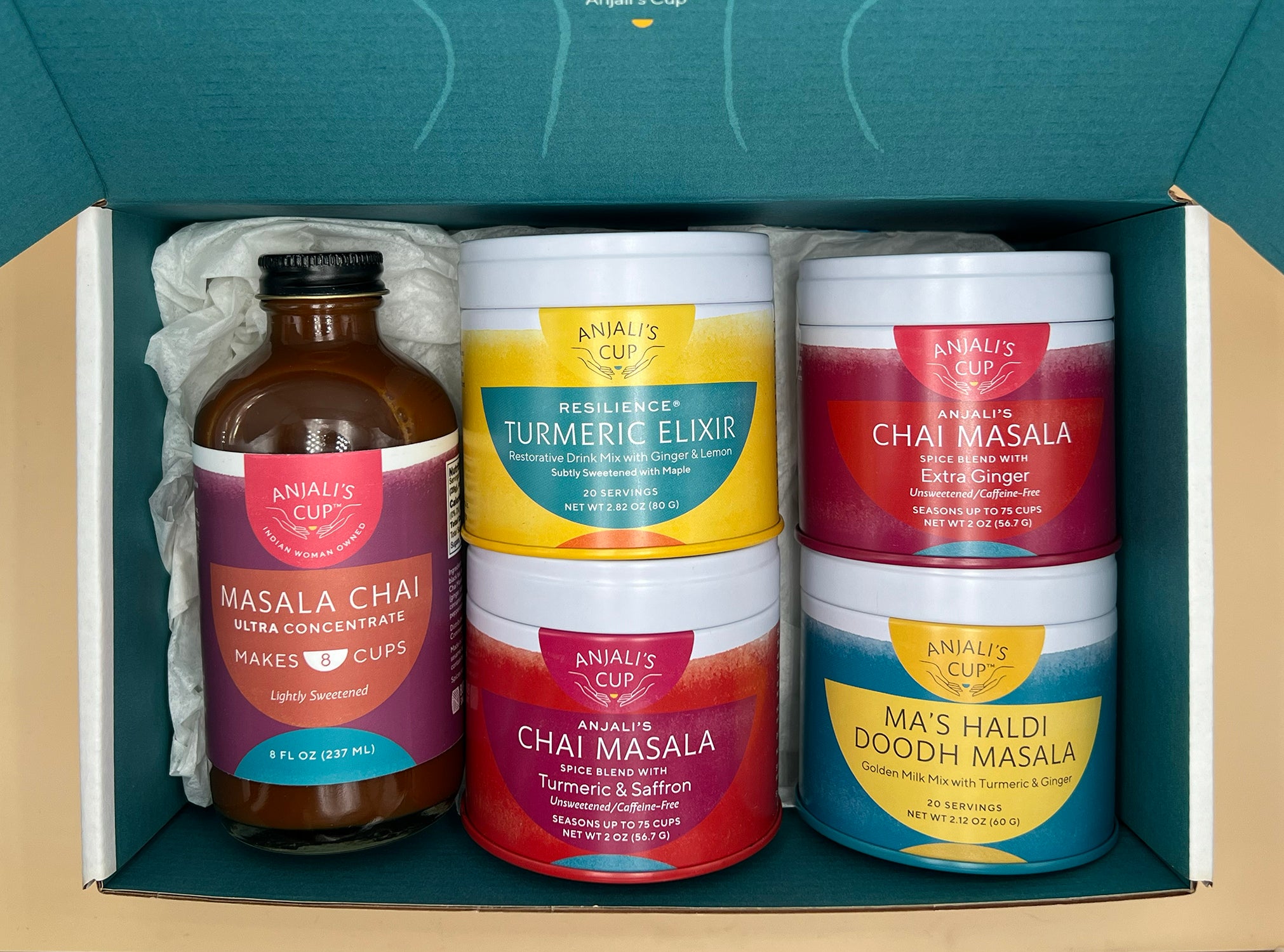 Anjali's Chai Masala - Gift Box containing Masala chai, turmeric Elixir, chai masala with turmeric & saffron, extra ginger, & MA's Haldi Doodh masala